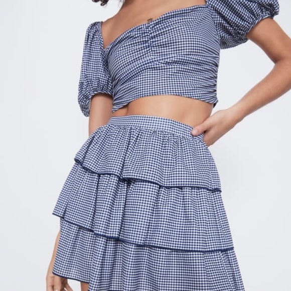 Zara Tops - Zara Blue Gingham Crop Top Puff Sleeve Smocked Back Size Small